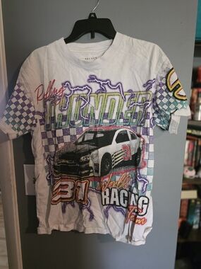 PacSun White Short-Sleeve Racing Graphic Tee with Multicolor Accents